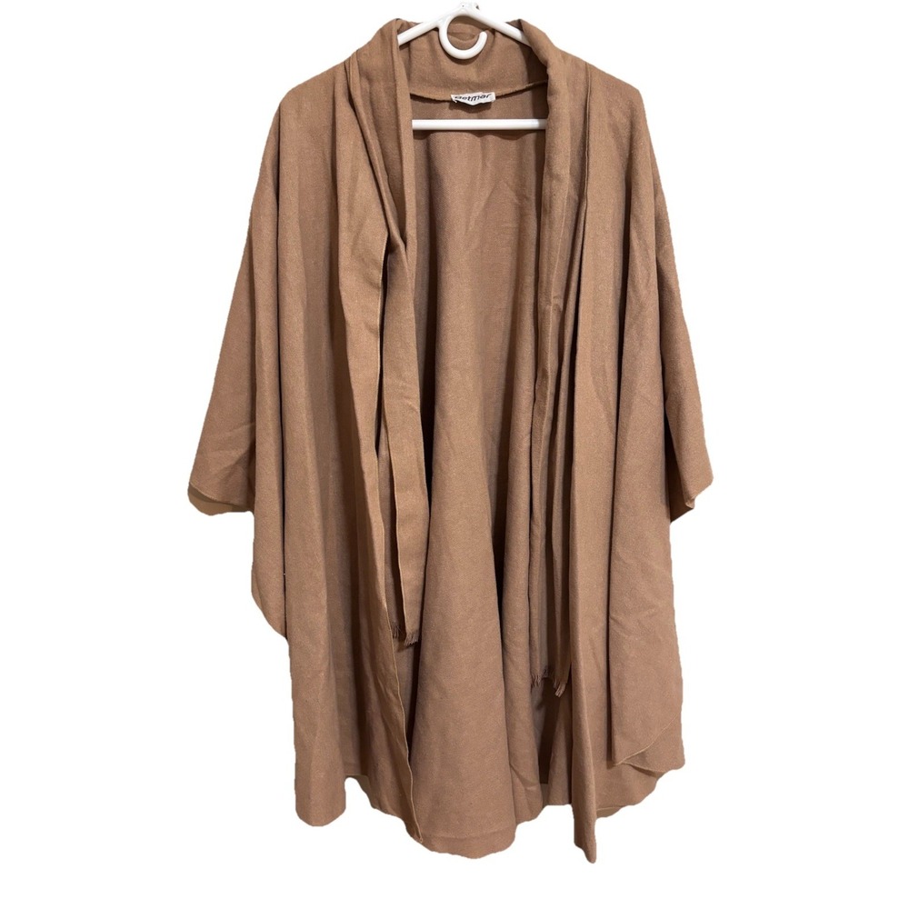 Vintage Betmar Tan Shawl Cape Wrap Coat w/ Scarf Open Front One Size Wool Blend